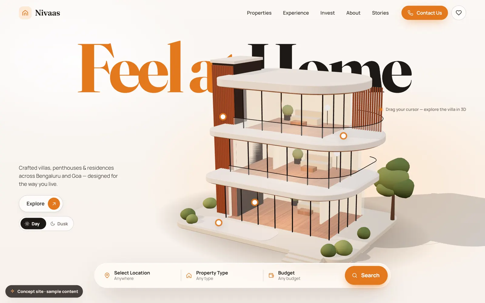 Nivaas Estates homepage with an interactive 3D villa