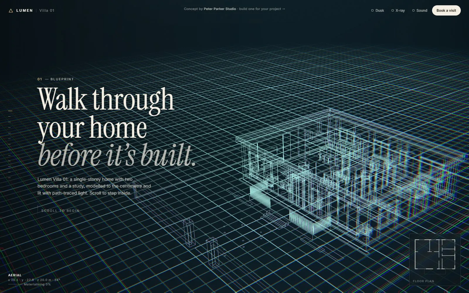Glowing blueprint of the villa