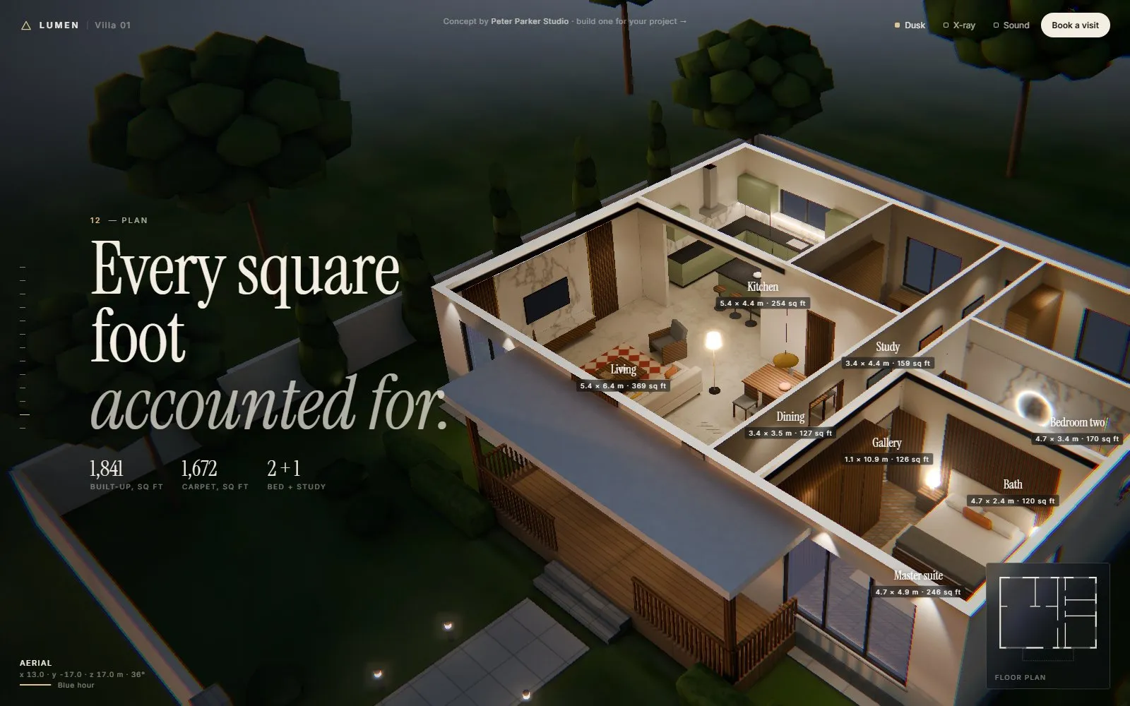 Lumen Villa cutaway plan at dusk with room sizes